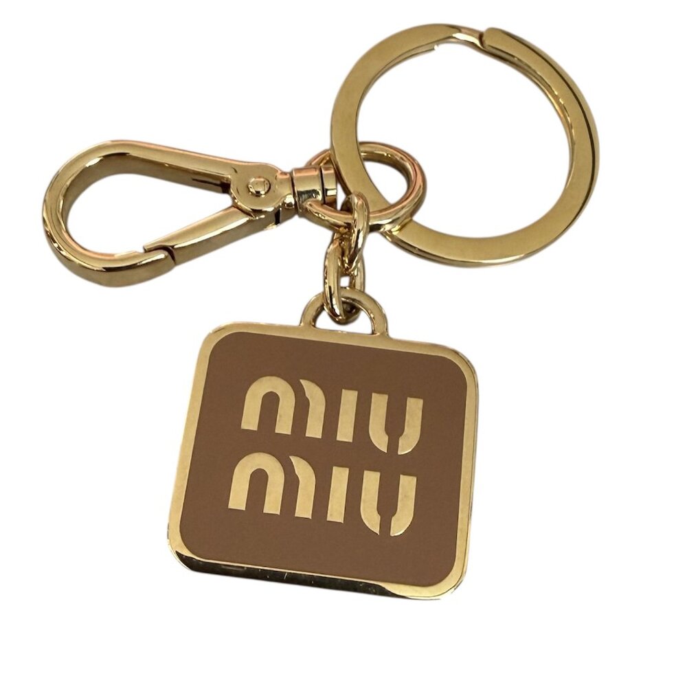 Miu Miu 5PS066 Metal Key holder Key Chain Logo, gold and caramel‎ in box